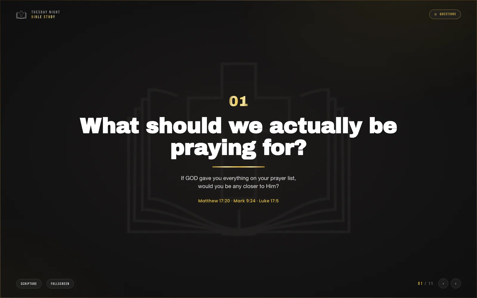 Home page of the Bible Study Decks website — weekly study deck engine, Online.