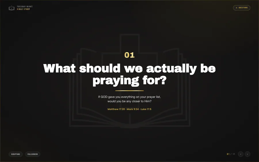 Home page of the Bible Study Decks website — weekly study deck engine, Online.