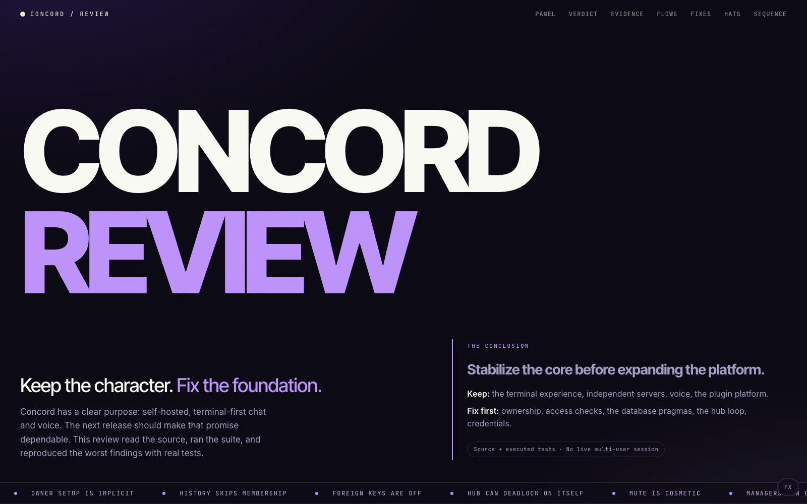 Home page of the Concord Review website — engineering review of a go chat app, Consulting.