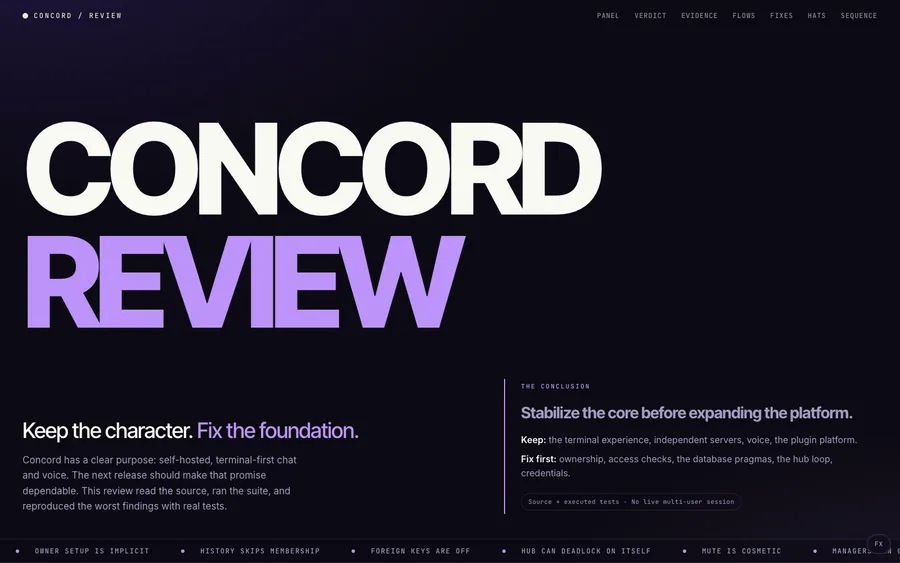 Home page of the Concord Review website — engineering review of a go chat app, Consulting.