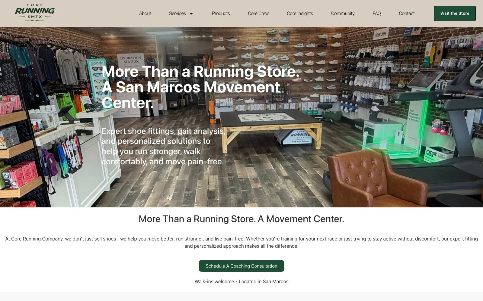 Home page of the Core Running Company website — running shop, Texas.