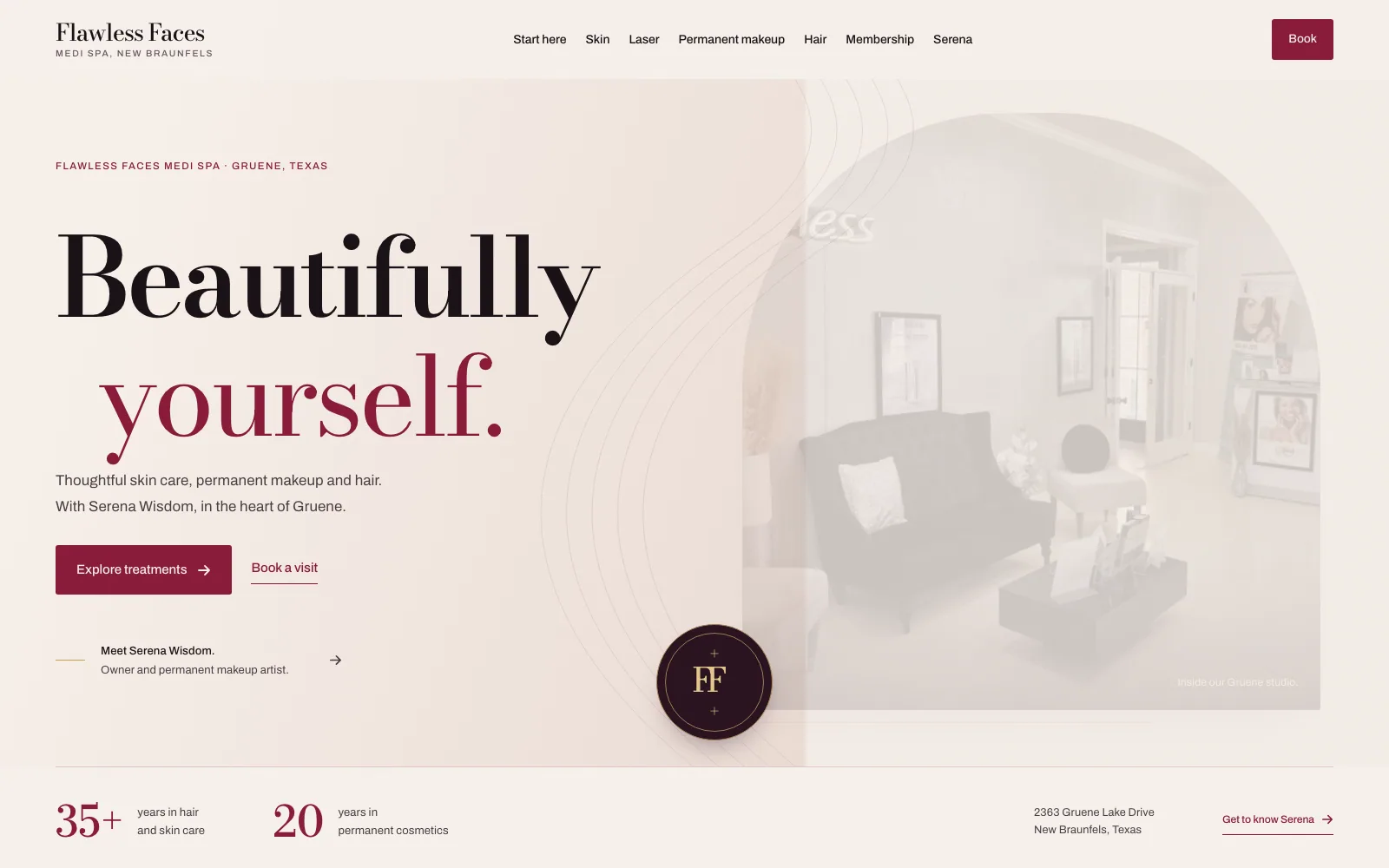 Home page of the Flawless Faces website — medi spa, New Braunfels, Texas.