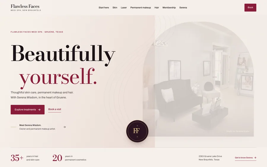 Home page of the Flawless Faces website — medi spa, New Braunfels, Texas.