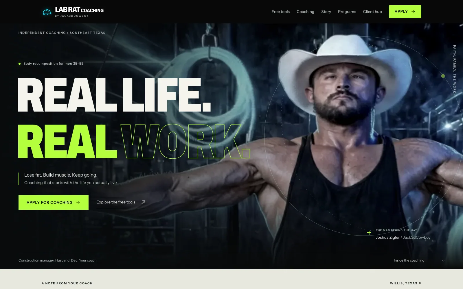Home page of the Lab Rat Coaching website — body recomposition coaching, Online.