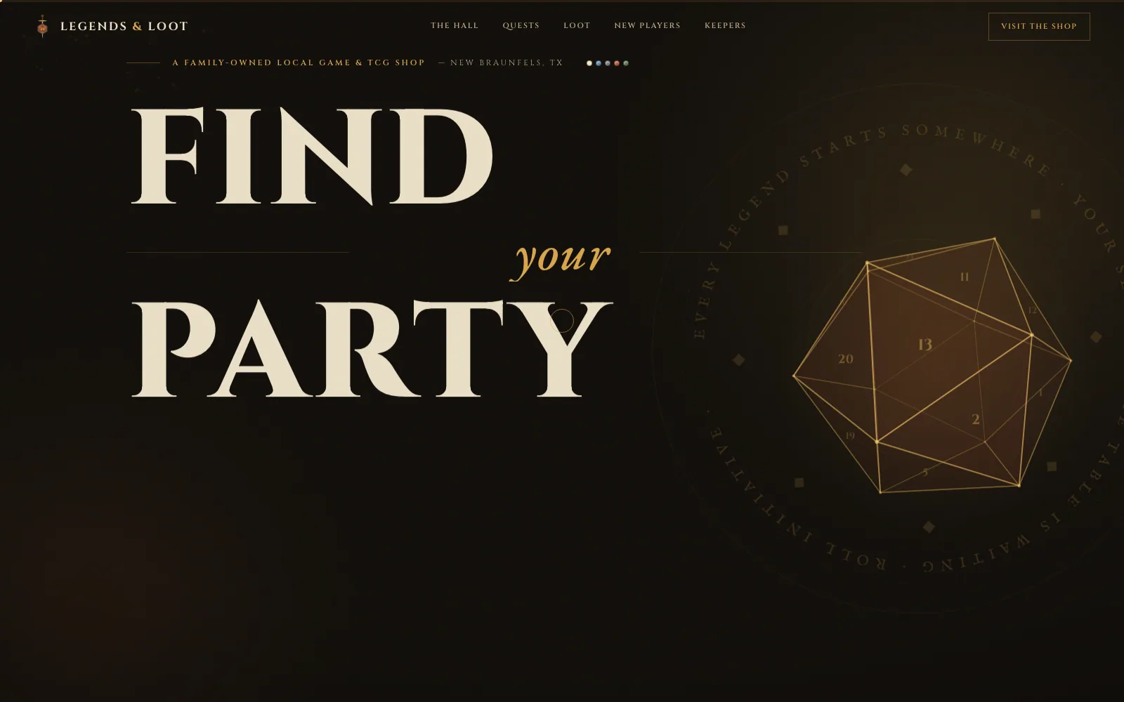 Home page of the Legends & Loot website — game shop, New Braunfels, Texas.