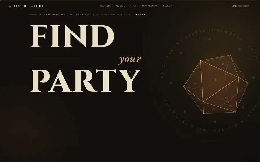 Home page of the Legends & Loot website — game shop, New Braunfels, Texas.