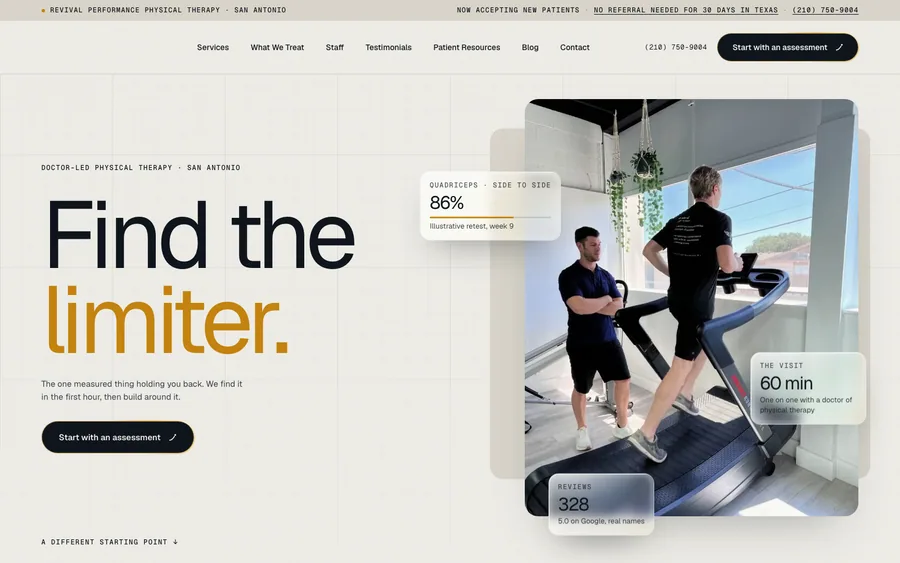Home page of the Revival Performance website — physical therapy, Texas.