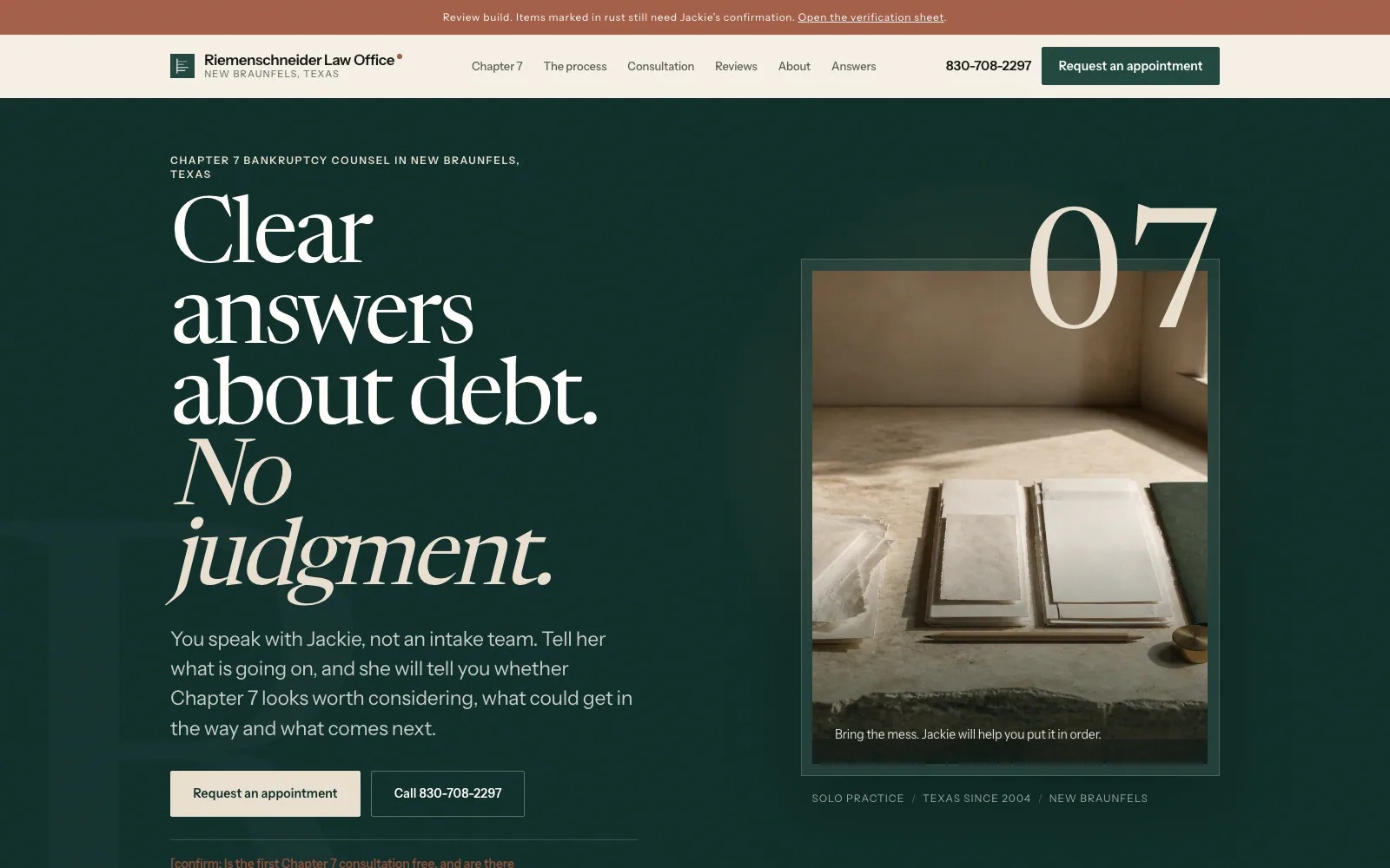 Home page of the Riemenschneider Law website — chapter 7 bankruptcy, New Braunfels, Texas.