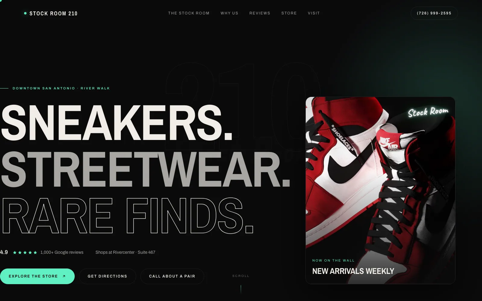 Home page of the Stock Room 210 website — streetwear resale, San Antonio, Texas.