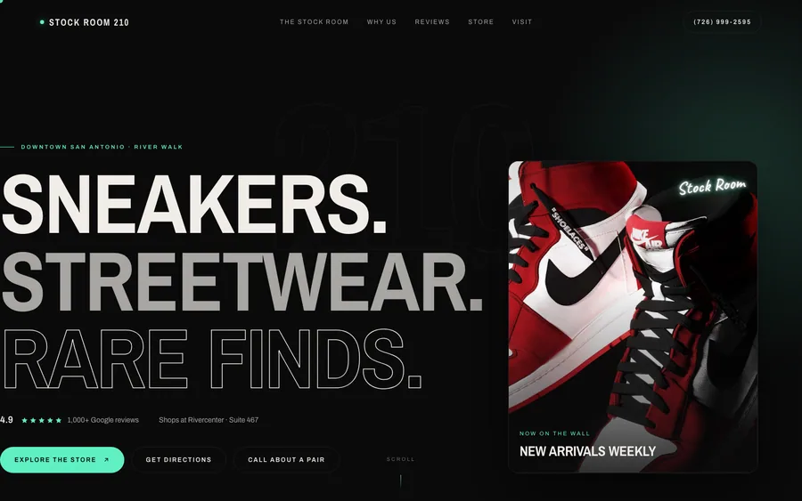 Home page of the Stock Room 210 website — streetwear resale, San Antonio, Texas.