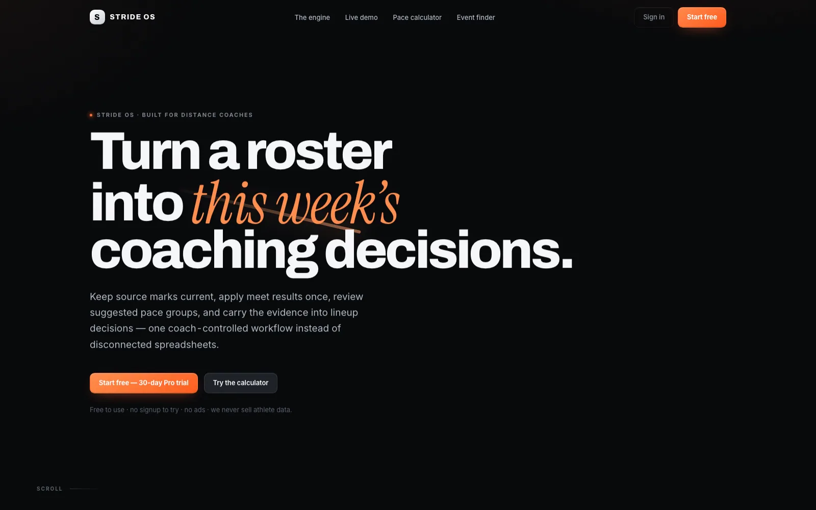Home page of the StrideOS website — coaching software, Online.