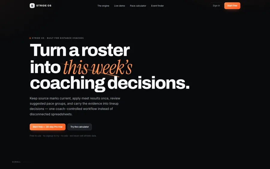 Home page of the StrideOS website — coaching software, Online.