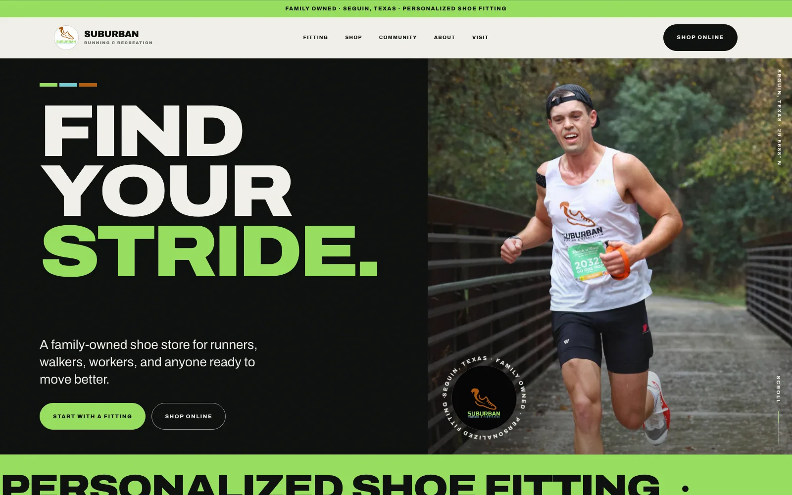 Home page of the Suburban Running & Recreation website — running shop, Seguin, Texas.