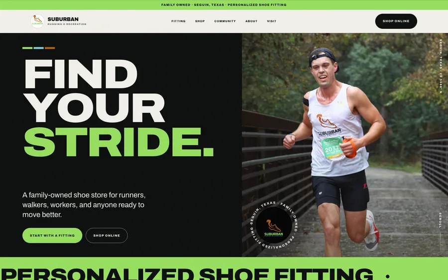 Home page of the Suburban Running & Recreation website — running shop, Seguin, Texas.