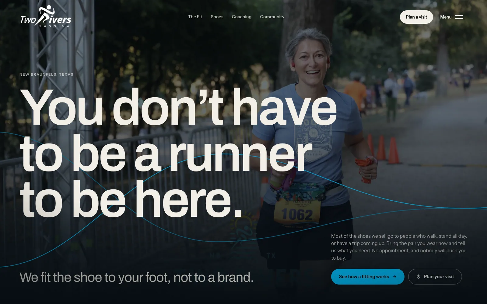 Home page of the Two Rivers Running website — running shop, Texas.